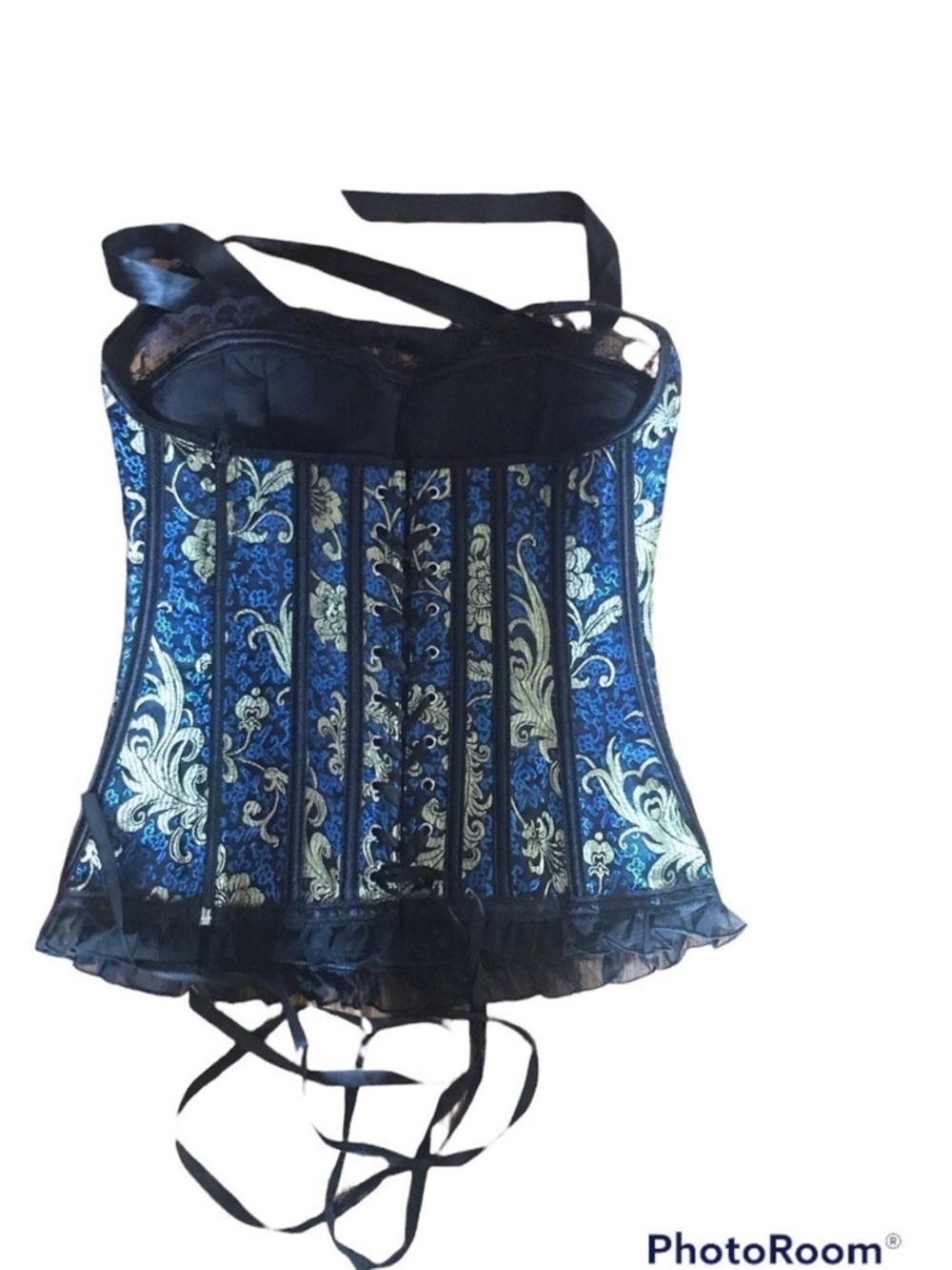 Blue Brocade Lace-Up Corset Bustier